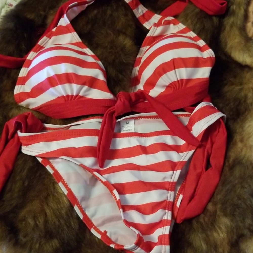 Red and white striped bikini